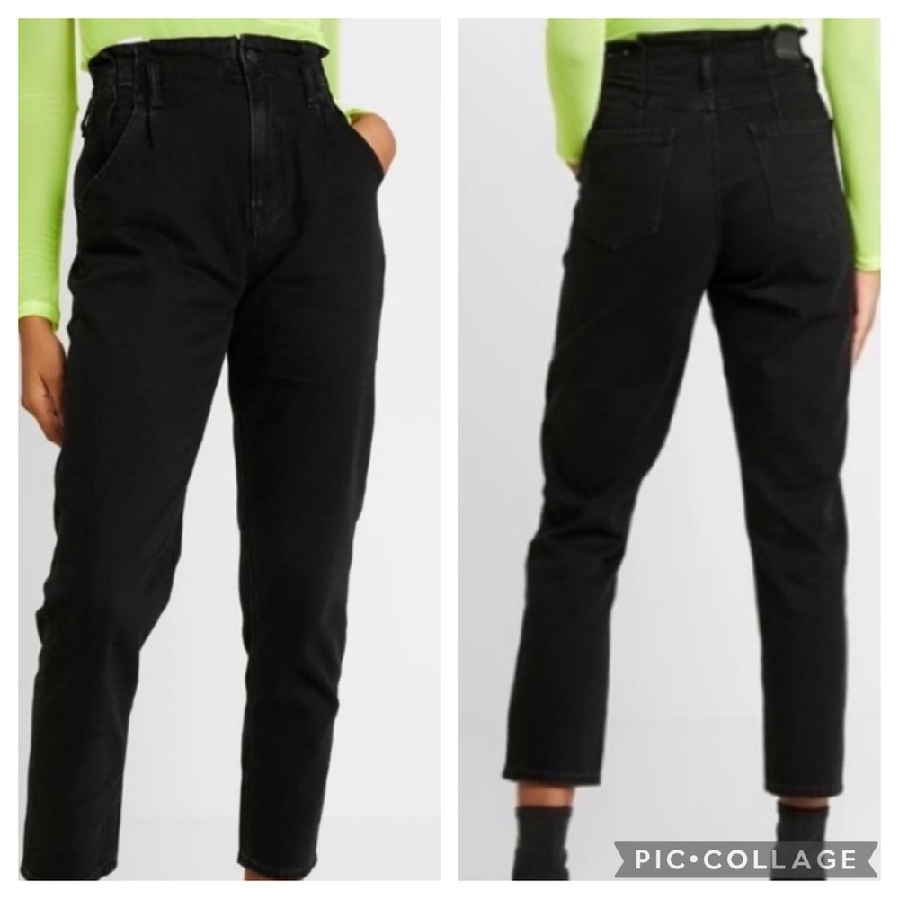 American Eagle Sz 14 Black High Waist Pleated Straight Leg Mom Jeans Faded Black